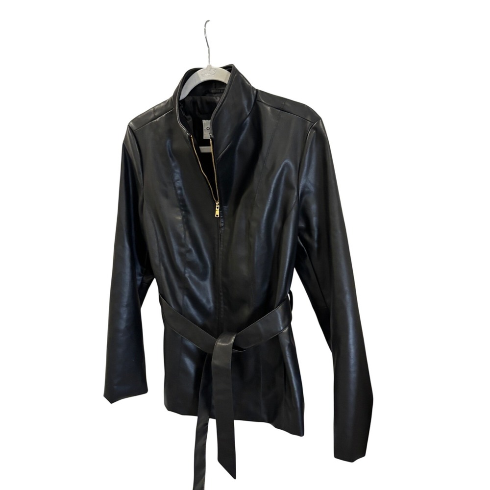Cole Haan Signature Womens Black Faux Leather Belted Moto Jacket Mock Neck M/M